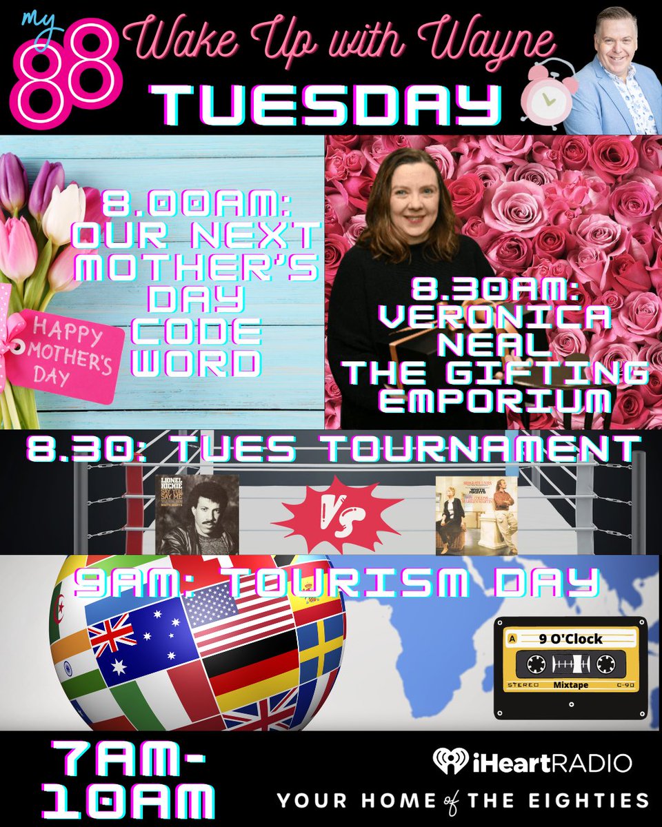 Tomorrow: 8am: Our next Mother's Day codeword 8.30am: #TuesdayTournament with #WhiteKnights 8.30am: Veronica Neal from The Gifting Emporium #9OClockMixTape: Songs for #NationalTourismDay with countries in the title - what do you think we'll play? Stream: iheart.com/live/my88-fm-8…