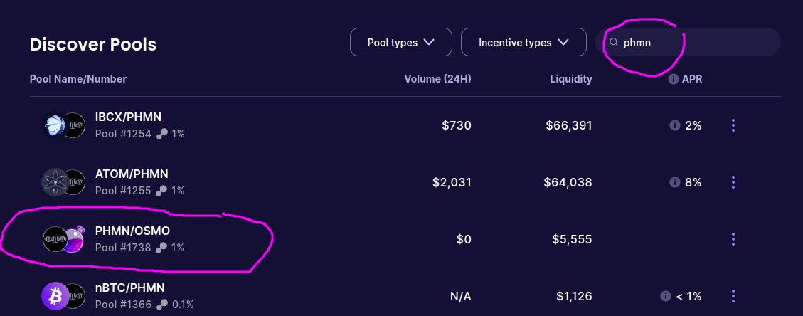 Another new pool #1738 #OSMO/#PHMN was created at #OSMOSIS. <a href="/sunnya97/">Sunny Aggarwal 🧪</a>, finally make the token #PHMN as verified. We know you can! Just put on your Wizard costume.