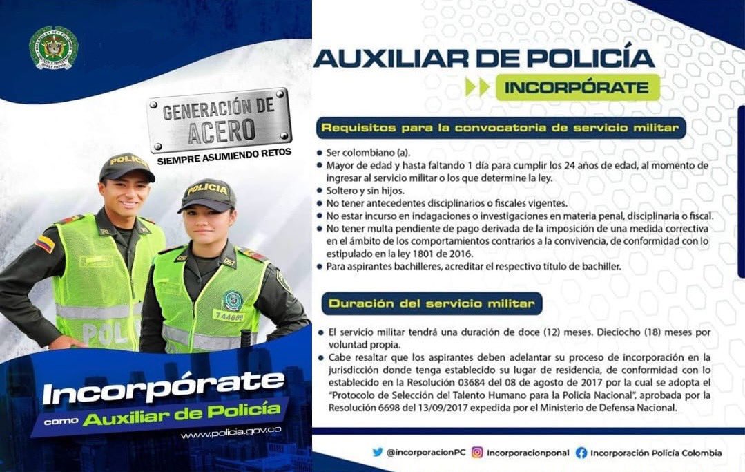 🚨 Si aún no haz definido tu situación militar, te invitamos a ser parte de la @PoliciaColombia como Auxiliar de Policía. 👮‍♂️👮‍♀️ Conoce los requisitos y todos los beneficios que tenemos para ti, acércate al Grupo de incorporación #MagdalenaMedio o llama al 3212610775- 3156973406
