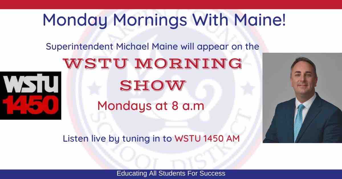 🚗MONDAY MORNINGS WITH MAINE 🚗 The climb to becoming Florida’s top-performing school system continues! Tune in to the @wstumorningshow tomorrow at 8 to hear @SuptMaine share details on our latest accomplishments! #ALLINMartin👊 #PublicSchoolPROUD #MCSDBetterTogether💫
