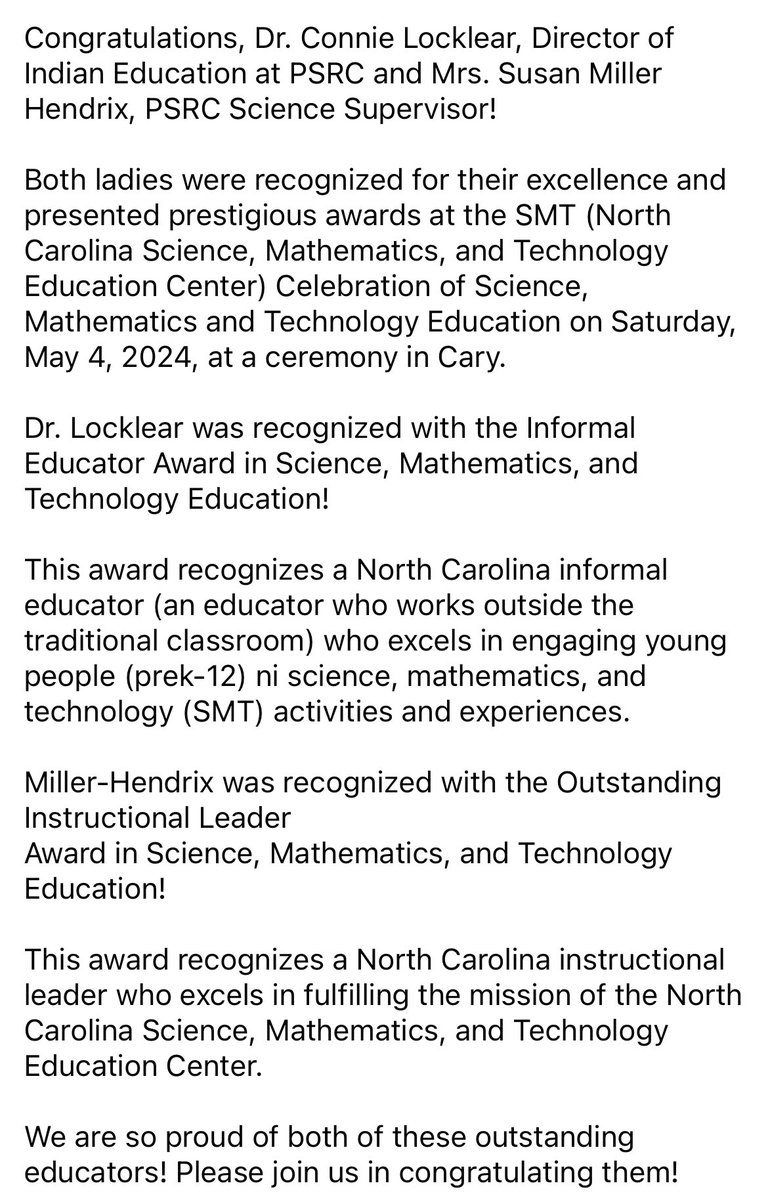 Congratulations, Dr. Connie Locklear, Director of Indian Education at PSRC and Mrs. Susan Miller Hendrix, PSRC Science Supervisor! 👏