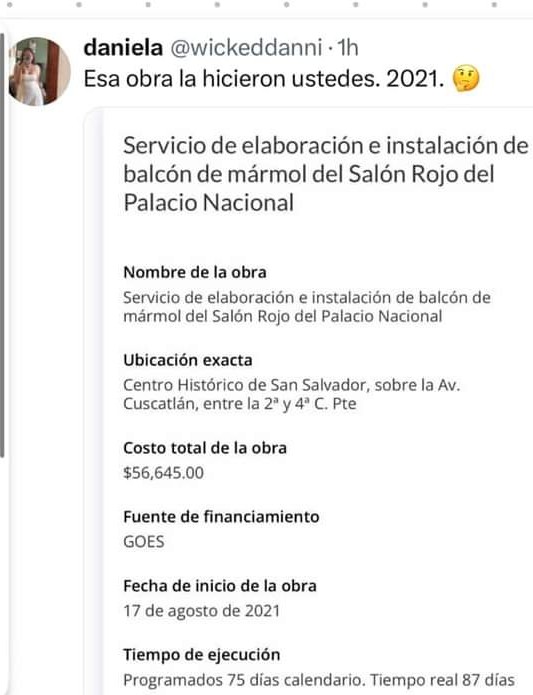 ElTrompudo2022's tweet photo. 🗣️📢 EL GORDO DEL MOP SE TIRA UN BALAZO EN EL PIE...

Se quejó y acusó a los mismos de siempre de estafar con la restauración del Palacio Nacional, a sabiendas de que fueron ellos mismos los que hicieron ese trabajo en 2021.

👉 La importancia de la transparencia: cuando hay información, los funcionarios no pueden mentir, ni engañar! 

El Ministro de Obras Públicas, en vez de dar explicaciones sobre la destrucción que está haciendo en el Palacio Nacional, se puso a decir que los gobiernos anteriores no habían hecho nada y que se habían robado el dinero. Mostró imágenes de que el balcón iba a ser de mármol, pero lo hicieron de tabla.

🚩 Una ciudadana le mostró que la reparación de ese balcón lo había hecho el mismo gobierno de #Bukele.

MINTIÓ CONFIADO EN QUE YA NO HAY TRANSPARENCIA EN LA INFORMACIÓN PÚBLICA.

Gracias a que una vez se publicó en el sitio de transparencia gubernamental, los salvadoreños nos damos cuenta de que, por un lado, este ministro es un mentiroso y, por otra parte, su gobierno se robó el dinero de la reparación que menciona.

Además, supongamos que otros gobiernos no hayan realizado obras en el Palacio Nacional, como el ministro dice, eso no le da la autoridad para que destruya el piso del Palacio. Él debe responder por sus actos.