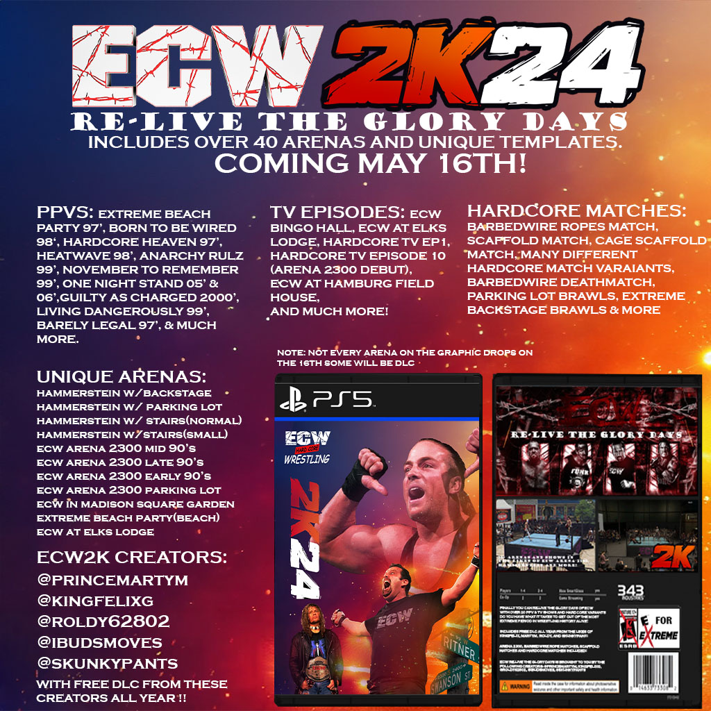 MAY 16TH 2024. ONE DAY AFTER THE #ECWPUNKPACK RELEASES #ECW2K24 RELEASES WITH FREE DLC ALL YEAR! RE-LIVE THE GLORY DAYS! STAY TUNED FOR MORE TEASES AND TRAILERS TO COME! @KingFelixG, @Roldy62802 @iBudsMoves @skunkypants #WWE2K24 @WWEgames