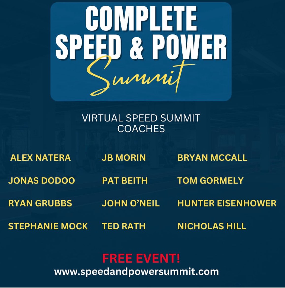 Stephanie Mock Grubbs (@coachstephmock) on Twitter photo Excited to be presenting at the <a href="/AthletesAccel/">AthletesAcceleration</a> 2024 Virtual Speed & Power Summit!
12 Of The 🌏’s Best Speed Development Coaches coming together for a free webinar.
🗓️Join us June 10th -14th
🔗 speedandpowersummit.com Excited to be presenting at the <a href="/AthletesAccel/">AthletesAcceleration</a> 2024 Virtual Speed & Power Summit!
12 Of The 🌏’s Best Speed Development Coaches coming together for a free webinar.
🗓️Join us June 10th -14th
🔗 speedandpowersummit.com
