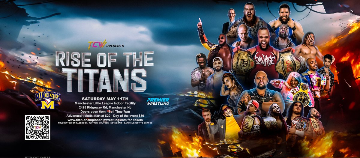 Times running out to save!! titan-championshipwrestling.com Pre-sales and group packages will end Friday!! After that, all remaining tickets will be $30 5/11, Titan Championship Wrestling presents Rise of the Titans live from The Manchester Little League #WWEBacklash #WrestleMania