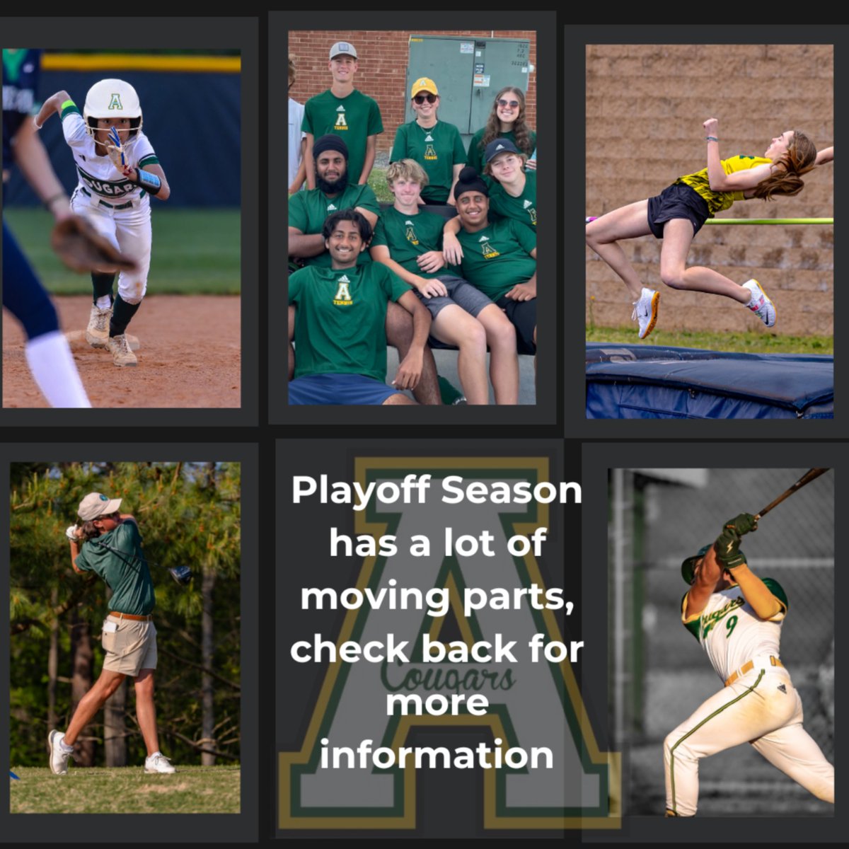 Playoffs are an exciting time with many 'TBDs' check back each day for updates. Go Cougars!! @apexhighschool @apexhsathletics @baseballapex @ApexHS_WSoccer @apexhsgolf @APEXLAX @ApexWomen @softballapex @apextrackxc @ApexHighTennis @apexhscheer