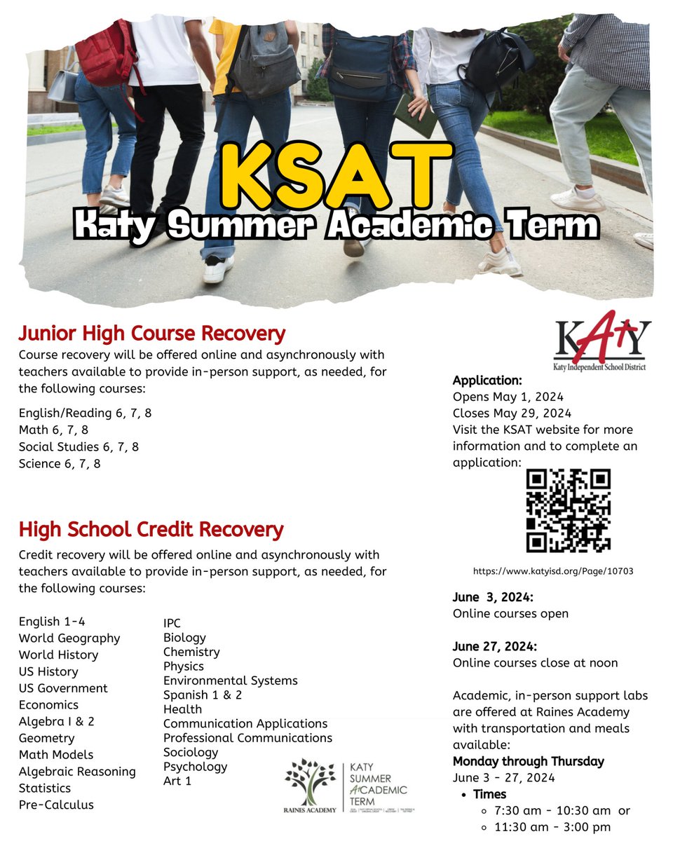 Katy Summer Academic Term (KSAT) is back and better than ever! ☀️ Check out the flyer for more details and visit the KSAT website for more information and to apply. Let's make this summer a season of success! katyisd.org/Page/10703