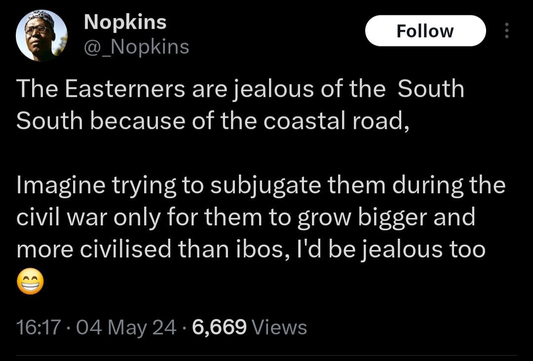 This failed “divide and conquer” merchant @_Nopkins 😂😂The same Igbos that stood behind Jonathan when the Southwest APC embarked on a protest against GEJ and sabotaged his government? Ojota Protest, how far? 😏

Or are you referring from Easterners from South East Asia?