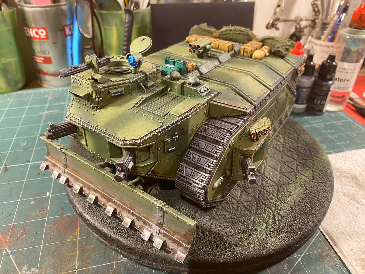 Done a bit more on the Crassus super heavy APC for my #40K Covenanter Guard army
Edge highlighted and washed
Added some stowage and a camo net
Next step is decals and weathering powders