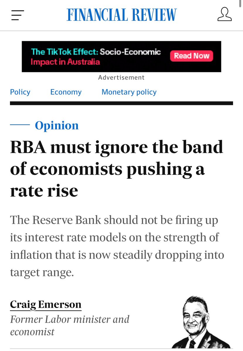 You gotto be an ideological halfwit and a dreamer to think this argument has any merits, every time quarterly inflation has accelerated from 0.6% to 1%, RBA has hiked historicallly. But ppl like this ex ALP spastic journo/economist wants the real estate Ponzi protected #ausbiz