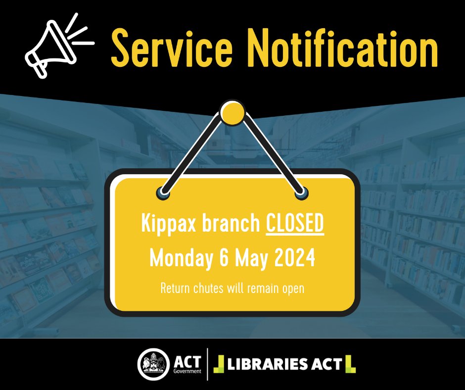 Kippax Library is closed, Monday 6 May 2024. Return chutes are open. Online services are still available. All other branches are open at normal hours. See the locations: ow.ly/wCaL50Q3ir9 We apologise for any inconvenience