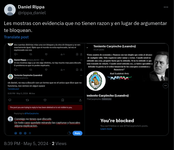 a los pelotudos a la enesima potencia se los bloquea, es un troll de moreno, nunca argumenta nada y solo busca chicanear con estas boludeces

@rippa_daniel por si quiere bloquearlo en masa

#BloqueoMasivoDeTrolls