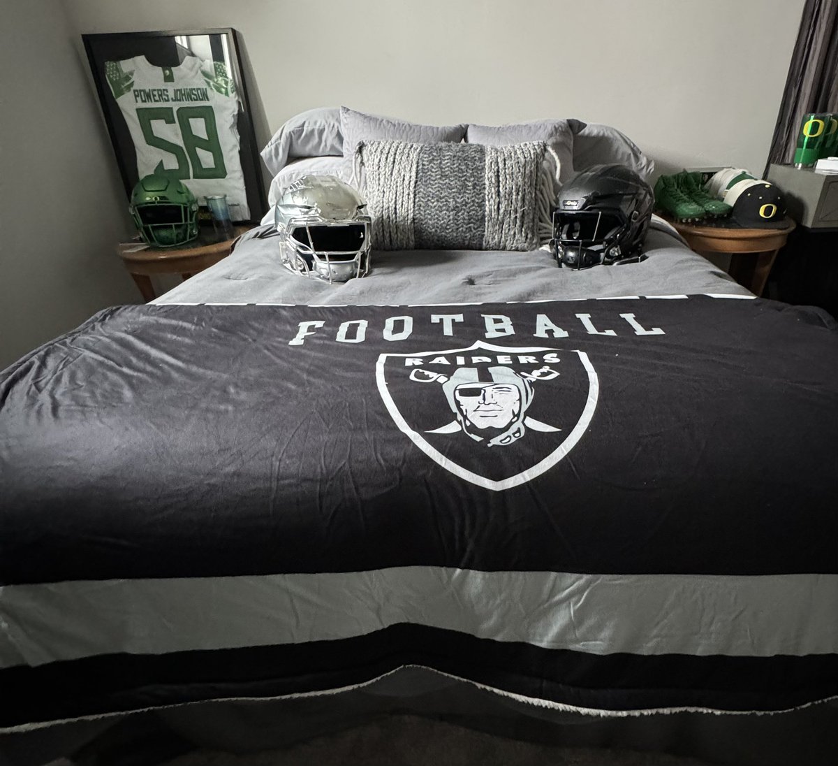 When he was a kid he would sleep with his new equipment like some kids sleep with a new toy & dream of playing pro ball. All grown up and packing up to head to camp next week. Could not be happier to be part of #RaiderNation 🖤🩶🤍