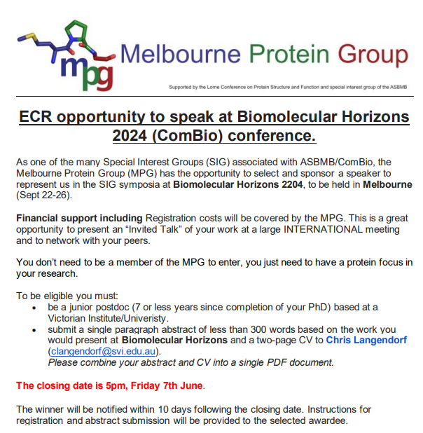 ECR opportunity to speak at Biomolecular Horizons 2024 (ComBio) conference. @bmh2024Melb Deadline: 5pm Friday 7th June