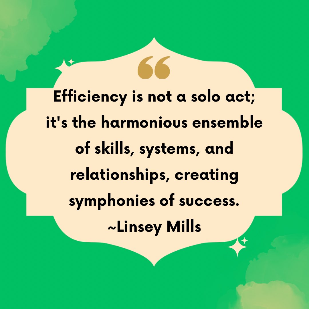 Efficiency is not a solo act; it’s the harmonious ensemble of skills, systems, and relationships, creating symphonies of success. ~Linsey Mills
#EfficiencyBoost #skilledlabor #businesssystems #greatrelationships #goals2024
Follow #currencyofconversations #callinzgroup