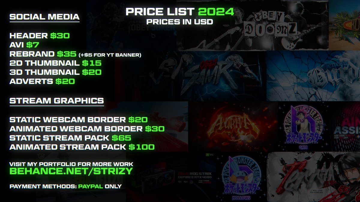 2024 Commission Prices
DMs are open 📥

View my work: behance.net/strizy