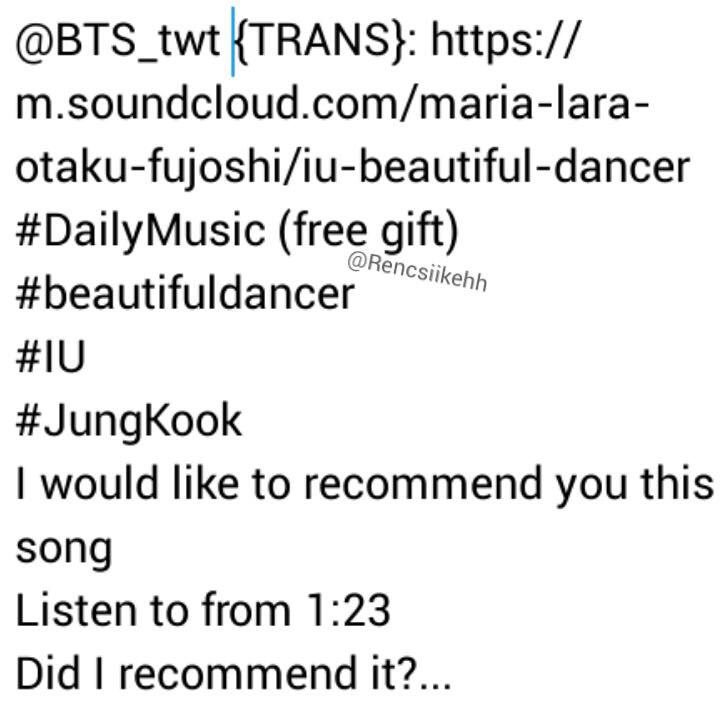 TaekookVK89's tweet photo. Dia merekomendasikan lagu IU dan meminta kita mendengar di menit 1:23
Tepat pada bagian “Yo Beautiful dance”
#beautifuldancer https://t.co/8wnmeYjvPz