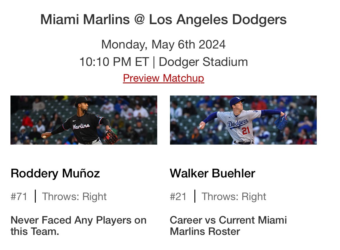 Buehler’s day off comes to an end Fastball 95/96 pre injury sitting 92/93 in rehab starts. A lot of curveball putaway pitches, which suprisingly Miami has handled well this season. Also Marlins 6th lowest k rate LAD -260, so hoping K props openers are over inflated