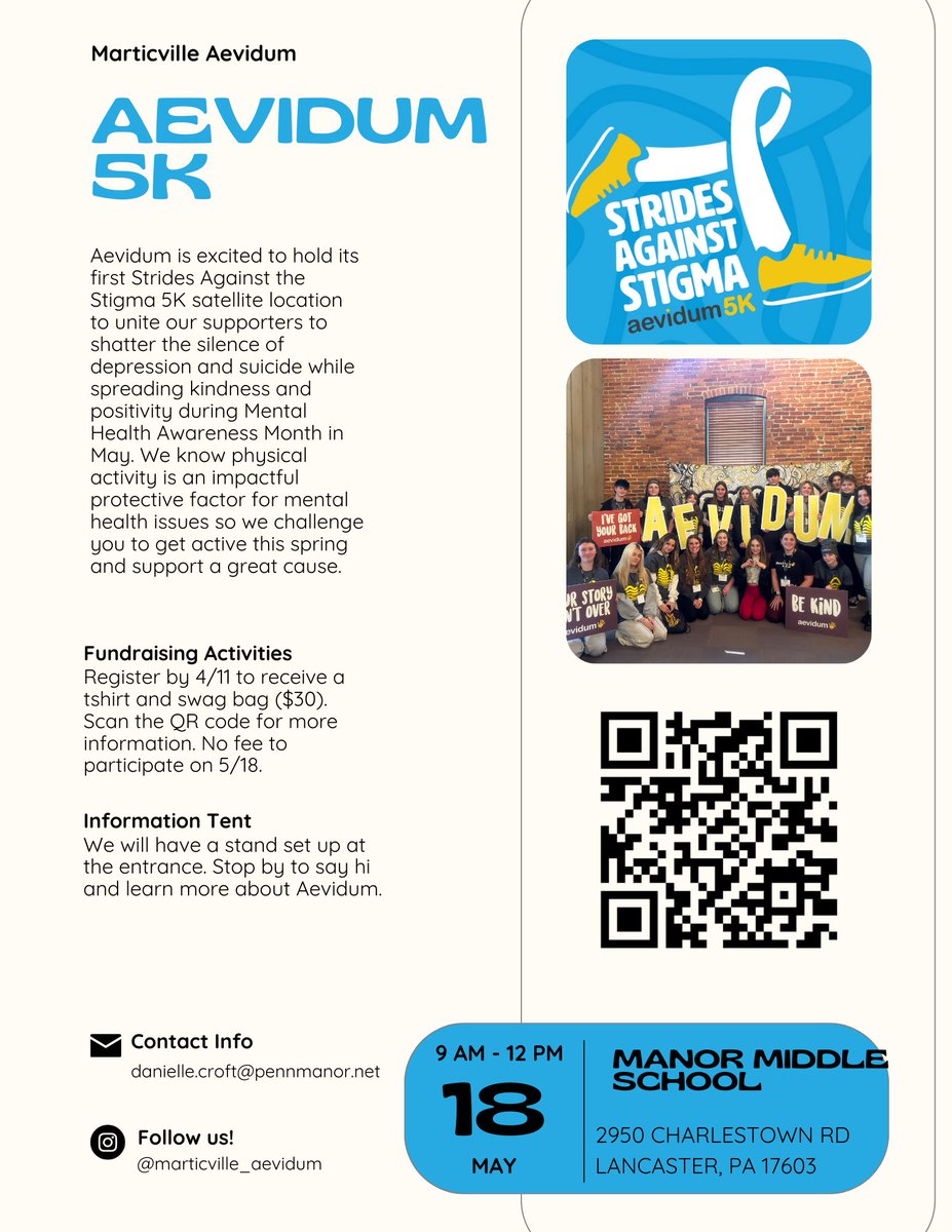 Less than 2 weeks until our #StridesAgainstStigma5k satellite location race at Manor Middle School! This is a new event for our club and we are so excited to share it with you all for FREE! Register under “Penn Manor”using the link in our bio. 🏃🏻‍♀️ We will be selling swag bags!