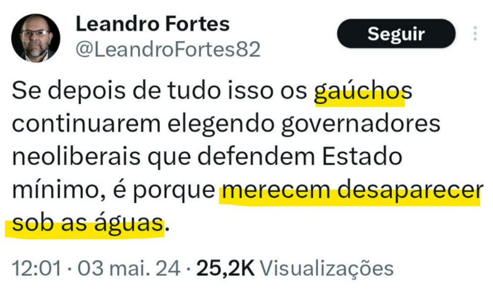 Esse tweet resume o que os blogueiros petistas pensam sobre a tragédia no Rio Grande do Sul. Sim, ele é blogueiro de um site que ganhou R$ 343 mil do governo Lula 👍