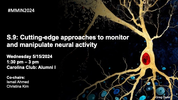 Excited to co-chair this symposium with @tinakim_neuro at #MMIN2024 We will survey cutting-edge approaches to monitoring and manipulating neural activity from some of the field's rising stars!