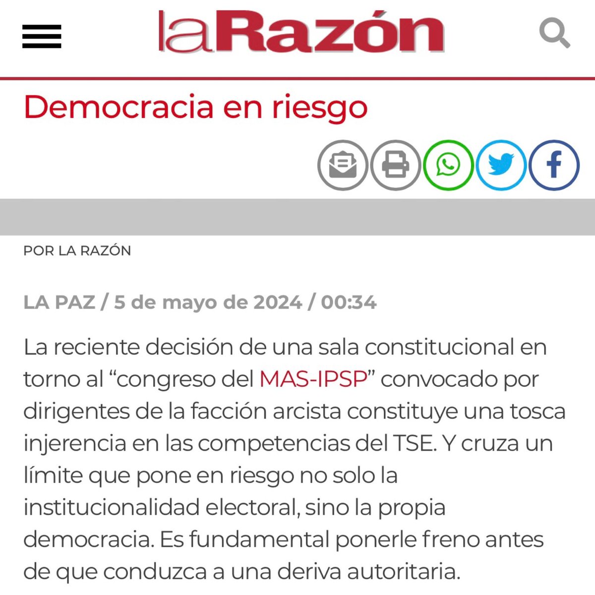 Reiteramos con preocupación que Bolivia está atravesando una situación muy crítica. Incluso un periódico de circulación nacional afirma hoy en su editorial que: «La reciente decisión de una sala constitucional en torno al “congreso del MAS-IPSP” convocado por dirigentes de la…