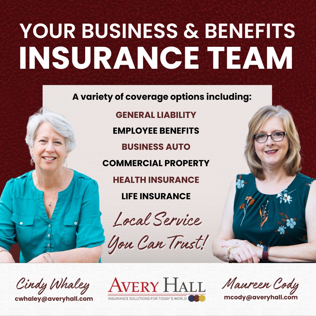 Cindy Whaley and Maureen Cody are here to help. Reach out to them today at cwhaley@averyhall.com, or mcody@averyhall.com. Or, call or text them at 410-742-5111 📲

#allineoneinsurance #businessinsurance #businessowner #employeebenefits