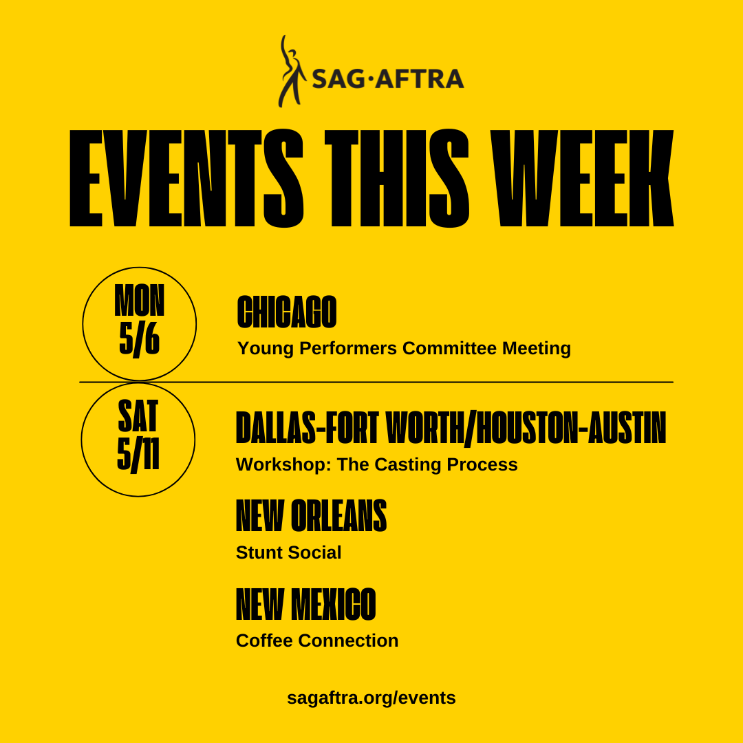 🗓️ #SagAftraMembers, check out this week's events! 🎭 For more information and other upcoming events all over the country, check out sagaftra.org/events.