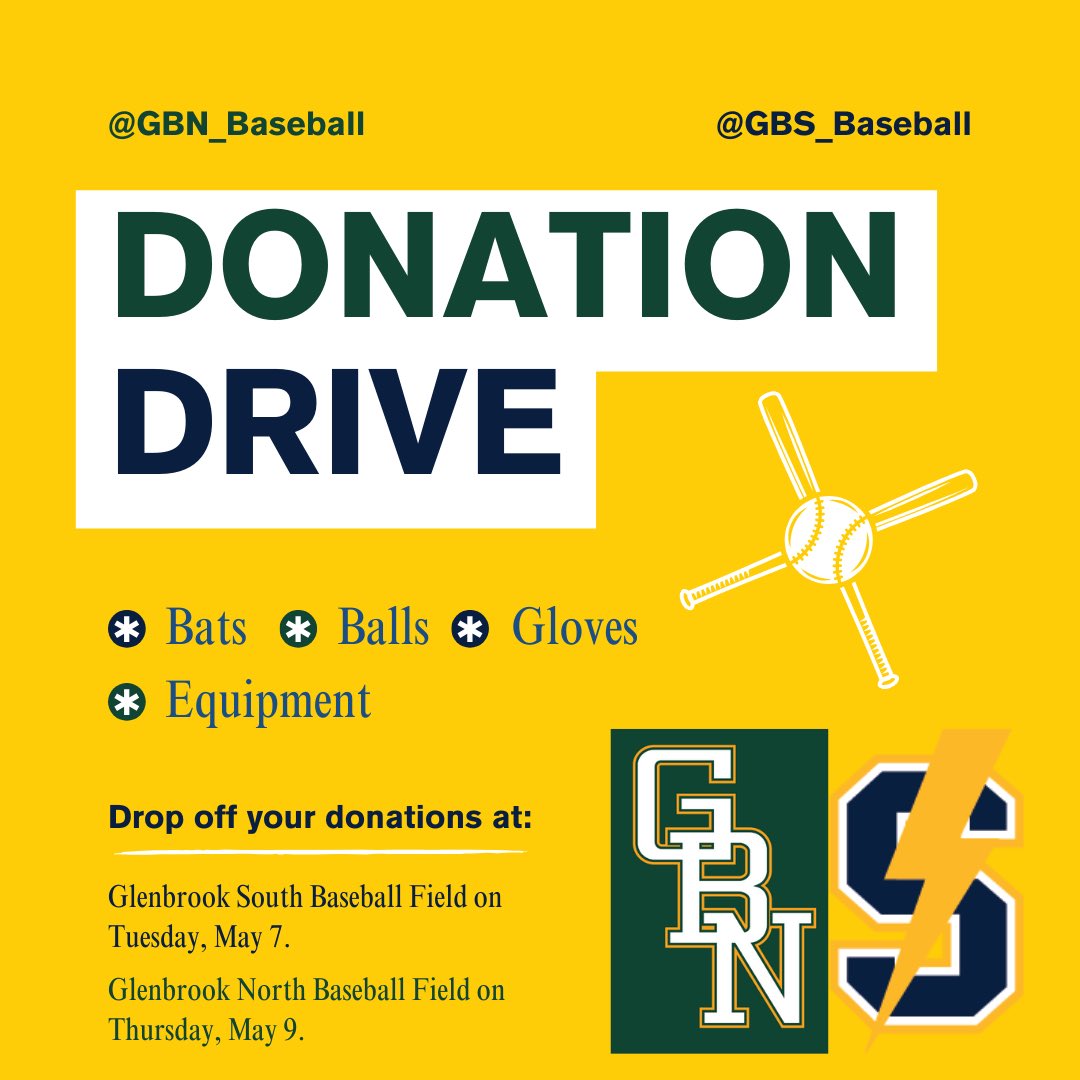 Glenbrook North Baseball (@gbn_baseball) on Twitter photo Spartans and <a href="/GBS_Baseball/">GBS Baseball</a> are coming together for baseball and we need your support!
This week, weβre collecting used baseball equipment to donate to RBI Chicago. Donation bins will be available on 5/7 @ GBS and 5/9 @ GBN
Help us help others and grow the game in the process! Spartans and <a href="/GBS_Baseball/">GBS Baseball</a> are coming together for baseball and we need your support!
This week, weβre collecting used baseball equipment to donate to RBI Chicago. Donation bins will be available on 5/7 @ GBS and 5/9 @ GBN
Help us help others and grow the game in the process!