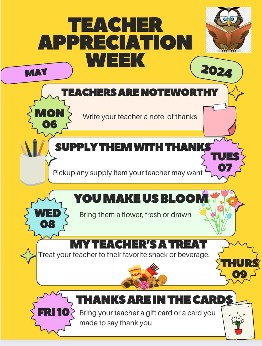 Parents‼️ It’s time to 👏🏽 THANK 👏🏽 our teachers and staff for all they do..💚🤍 Take a moment to review the flyer for the week. Let’s make each day SPECIAL for our staff‼️🎉🥇🏆🦉
#ExceedandExcel
#ShumanSTRONG
#ThankATeacher