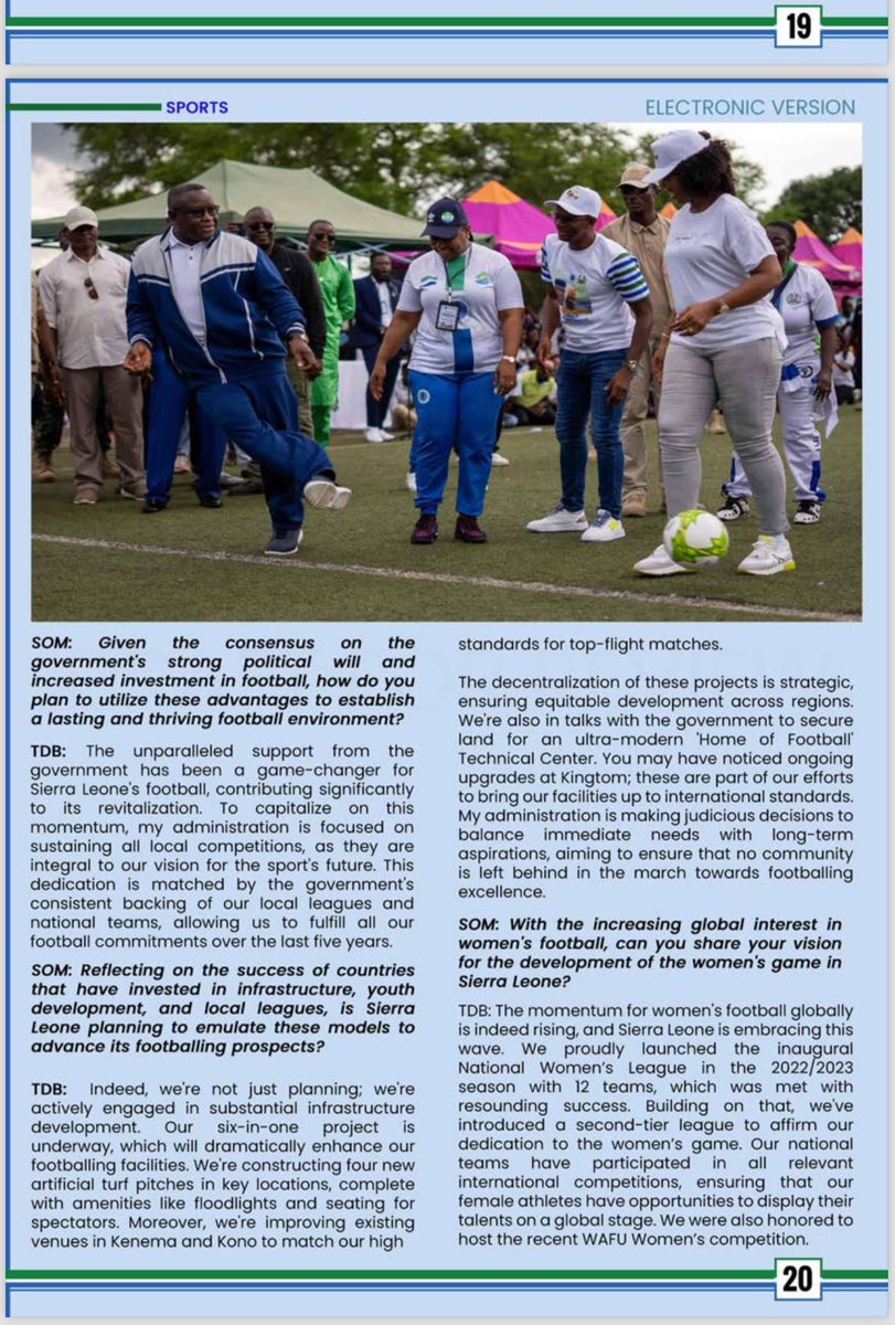 Jan-Apr 2024 Salone Quarterly Outlook Magazine recognizes @thomasdbrima for his remarkable leadership in driving Sierra Leone football to new heights. From a resurgence in the sport to global recognition for women’s football, Daddy Brima’s tenure has been marked by excellence.