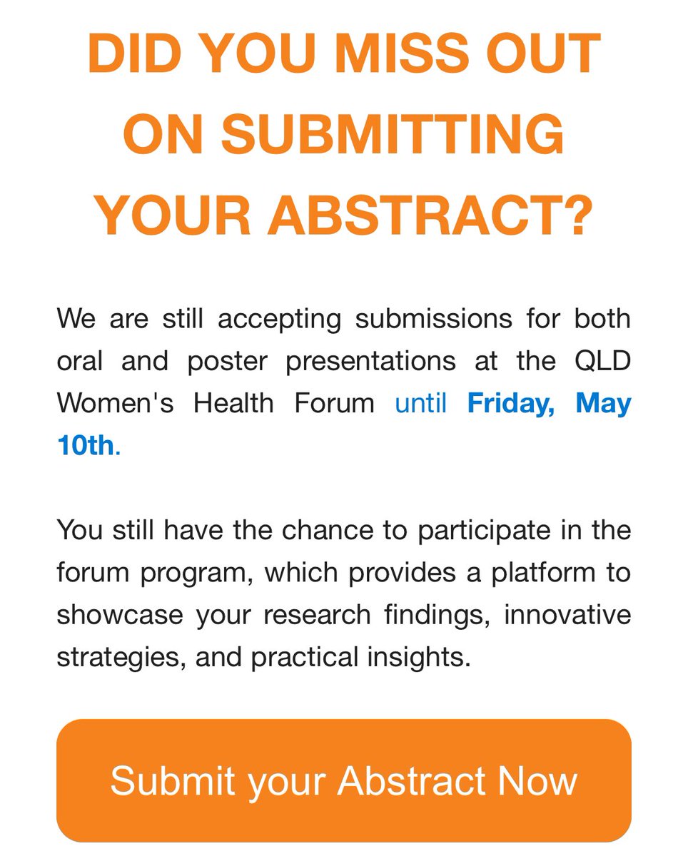 #QLDWomensHealth Early bird deadline and abstract submissions extended for 1 week! 🟠 Register at the early bird discounted rate before Friday 10th May. 🟠 Abstract submissions are being accepted until Friday 10th May. 🟠 qldwomenshealth.org