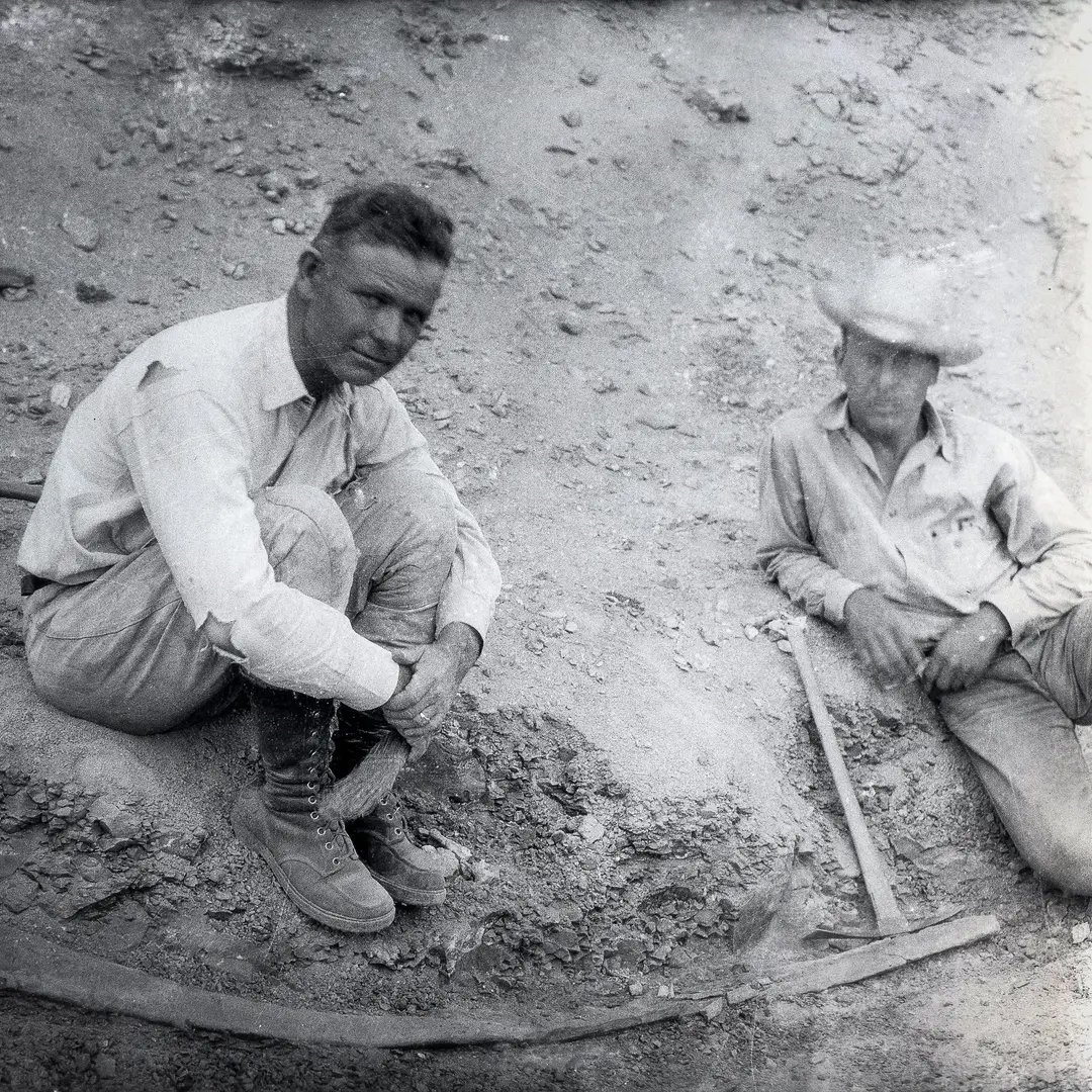 Taken in 1936, L.I. Price and J. Willis Stovall sit next to an unearthed dinosaur rib in Kenton, Oklahoma. Just five years later in the upper Fruitland Formation (or lower Kirtland Formation) Stovall and a small team would discover the Pentaceratops specimen now on display in our…