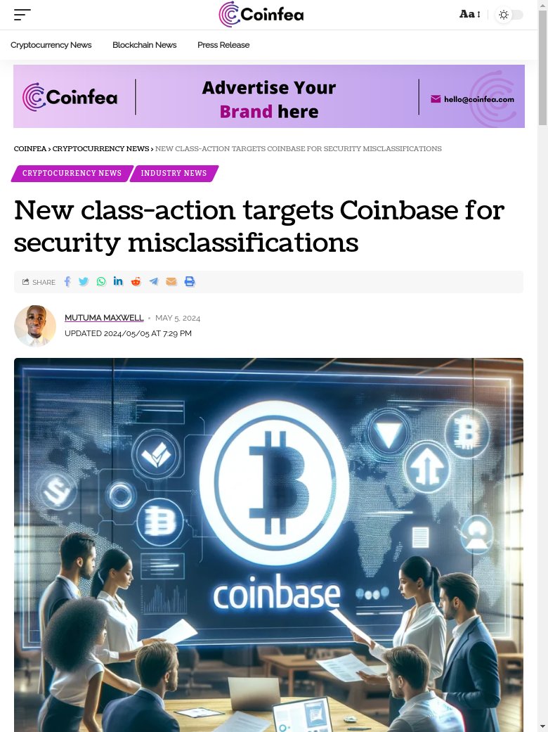 BREAKING NEWS :  Coinbase faces a new class-action lawsuit over security misclassifications. cryptoeco.net/tw/742d.html  #Coinbase #security #classaction