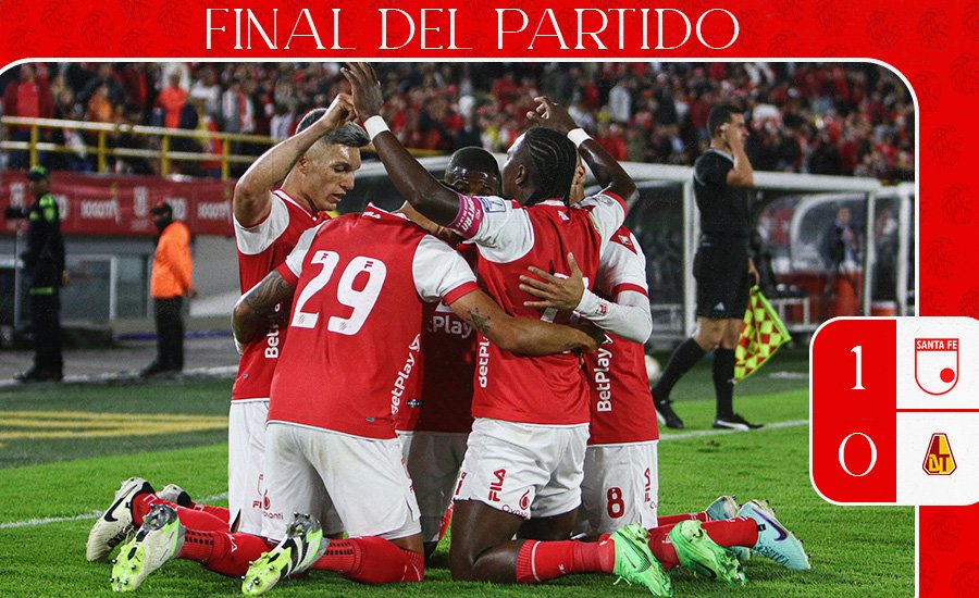 SantaFe's tweet image. ⏱ 90'+5 ¡VAMOS ARRIBAAAAAA!

Aguante Santa Fe y toda su gente 🦁.

Santa Fe 1⃣-0⃣ Tolima

#VamosSantaFe 🇲🇨