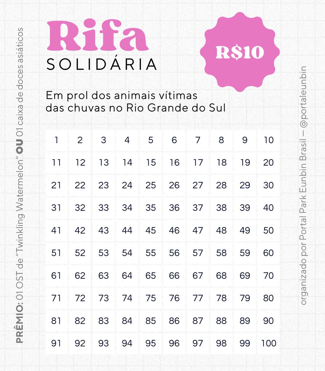 RIFA SOLIDÁRIA: Vamos ajudar os animais vítimas das chuvas no Rio Grande do Sul? ⚠️ • Prêmio: 1 OST completa de #TwinklingWatermelon OU 1 caixa de doces asiáticos • Valor: 01 número = 10 reais TODO o valor arrecadado será repassado para ONGs. Participe pela nossa DM! 🩷🐾