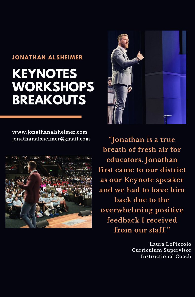 I would love to come work with your school and staff. 🎙️Keynotes 🎉Workshops and Breakouts with authentic strategies and activities to “Enhance Student Engagement!” To set up a virtual meeting 📅 Check out 💥 jonathanalsheimer.com OR email 📧 jonathanalsheimer@gmail.com