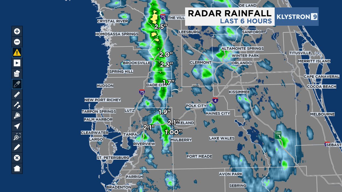 Over 2 inches of rain has fallen along the sea breeze collision in Eastern Citrus, Eastern Hernando and Eastern Hillsborough Counties this Sunday evening. Localized flooding is possible. Diane Kacmarik