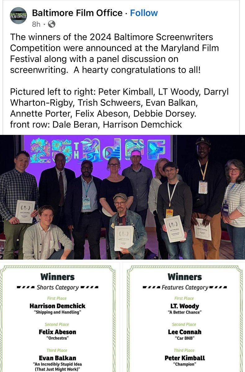 I'm honored to have won first place in the Baltimore Screenwriters Competition in the Shorts category. It's been a great weekend at the Maryland Film Festival, and I'm grateful for the opportunity and thankful to everyone involved.