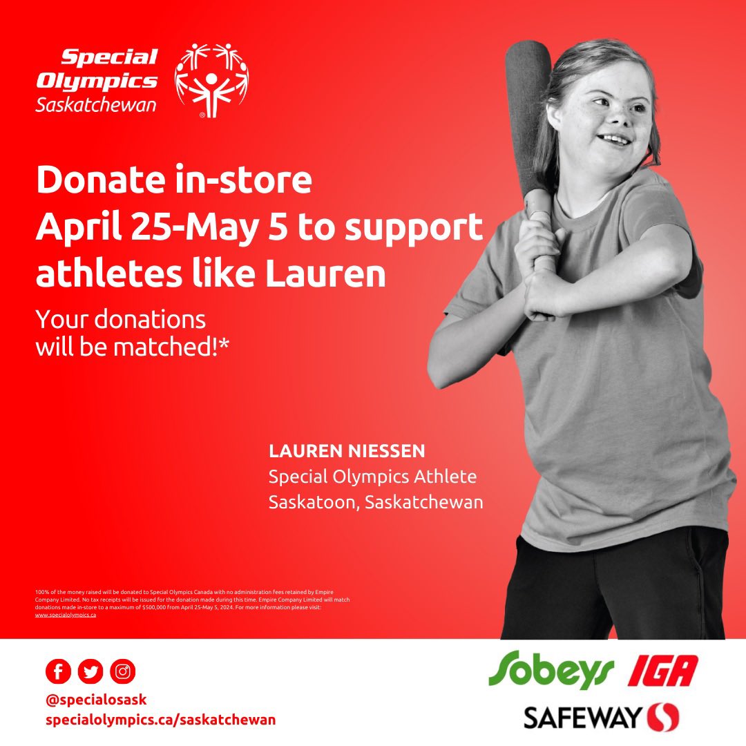 “Special Olympics has provided an inclusive space for Lauren where she has the opportunity to explore many different sports.”- Lauren’s Family Donate in-store this April 25-May 5, your donation will be matched!