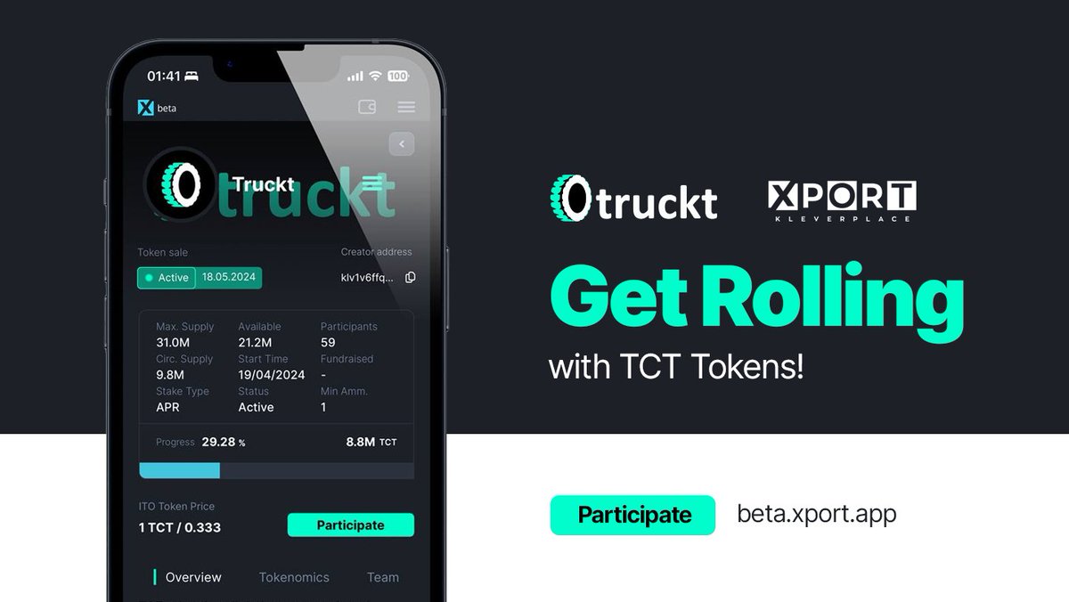 🚀 Exciting news from XPORT Hub Launchpad! 🚛 Introducing Truckt Token (TCT) #ITO! Own a real-world asset with $TCT 🌐 Track your ownership online. Join the journey! Visit beta.xport.app/ito/TCT-3B99 for details. @gettrucktnow #Klever $KLV
