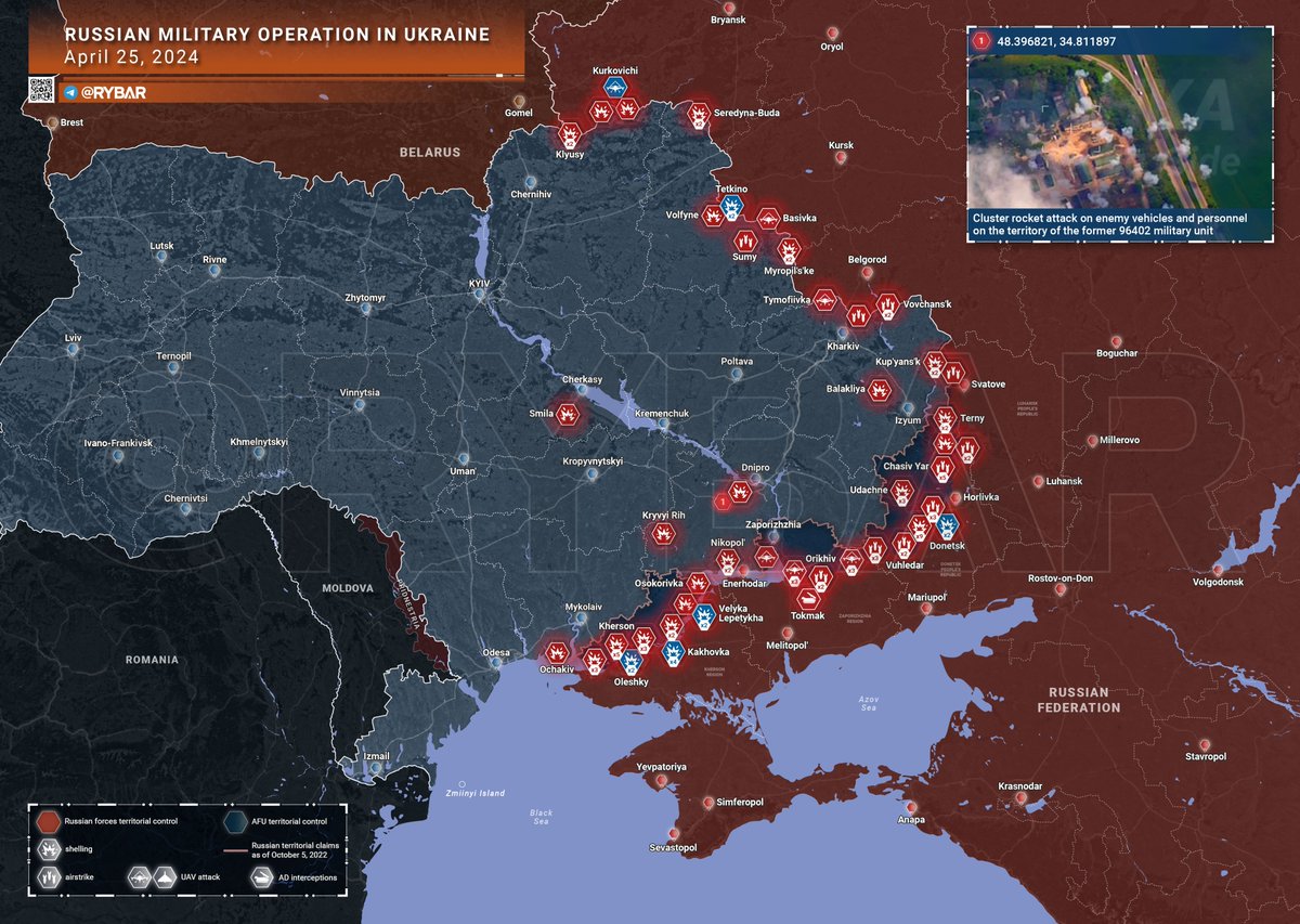 🇷🇺🇺🇦   (EXTENDIDO)
Resultados de la operación especial en Ucrania al finalizar el 25 de abril:

⚔️ La situación en los frentes:

◽️En la dirección de Artyómovsk (Bajmut):
No hay cambios significativos en la línea del frente. Las Fuerzas Armadas de Ucrania continúan trasladando…