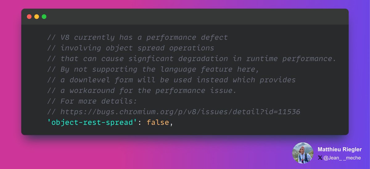 Jean__Meche's tweet image. TIL the #Angular CLI sets #esbuild up to transform native spread operations for performance reasons. 

CLI Source: github.com/angular/angula… 

V8 issue: issues.chromium.org/issues/42201529

Esbuild repro: 
esbuild.github.io/try/#YgAwLjIwL…