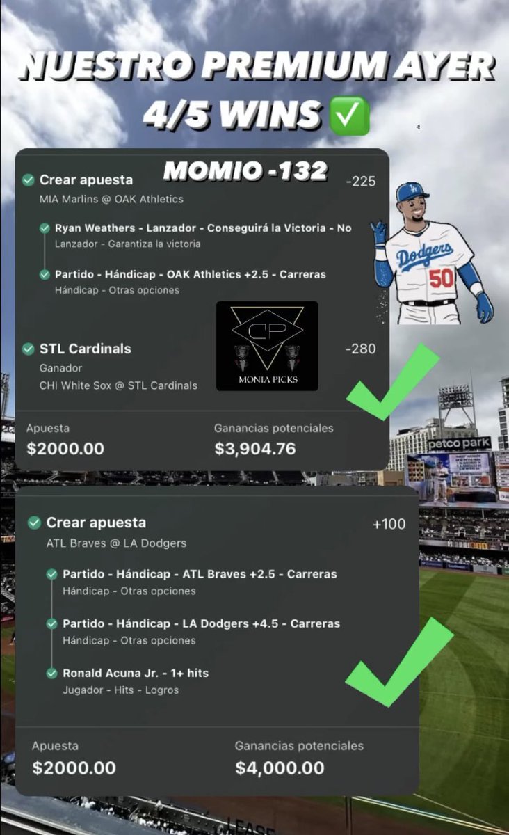 DÍA CASI PERFECTO AYER 🔥🔥🔥

Cerramos nuestro viernes 03/05/24 con 4/5 wins ✅✅✅ Finalizamos con día perfecto en NBA ganando 2/2 de nuestras apuestas 👍🏽

Les dejamos un Free Pick en nuestro grupo GRATUITO: t.me/moniapicks
