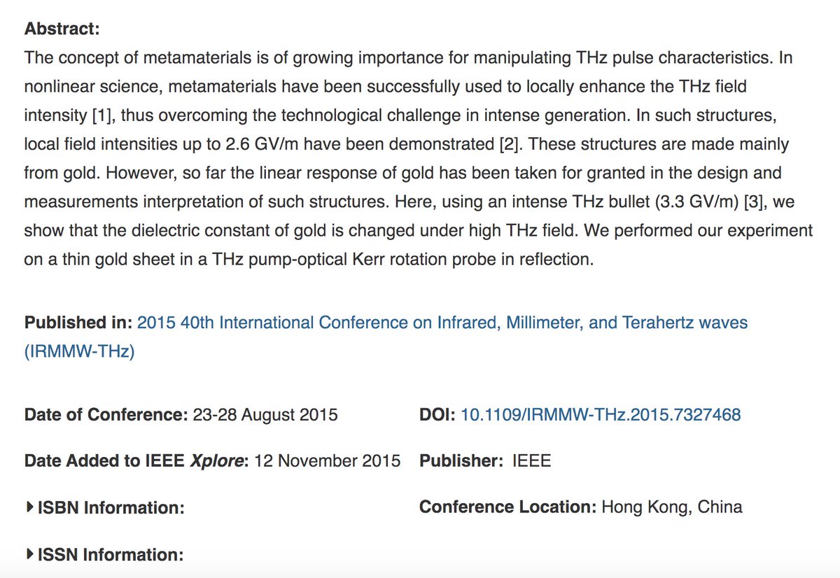 August 2015...

'The concept of metamaterials is of growing importance for manipulating THz pulse characteristics.'

Terahertz light bullet-induced nonlinearity in a gold thin film

ieeexplore.ieee.org/document/73274…