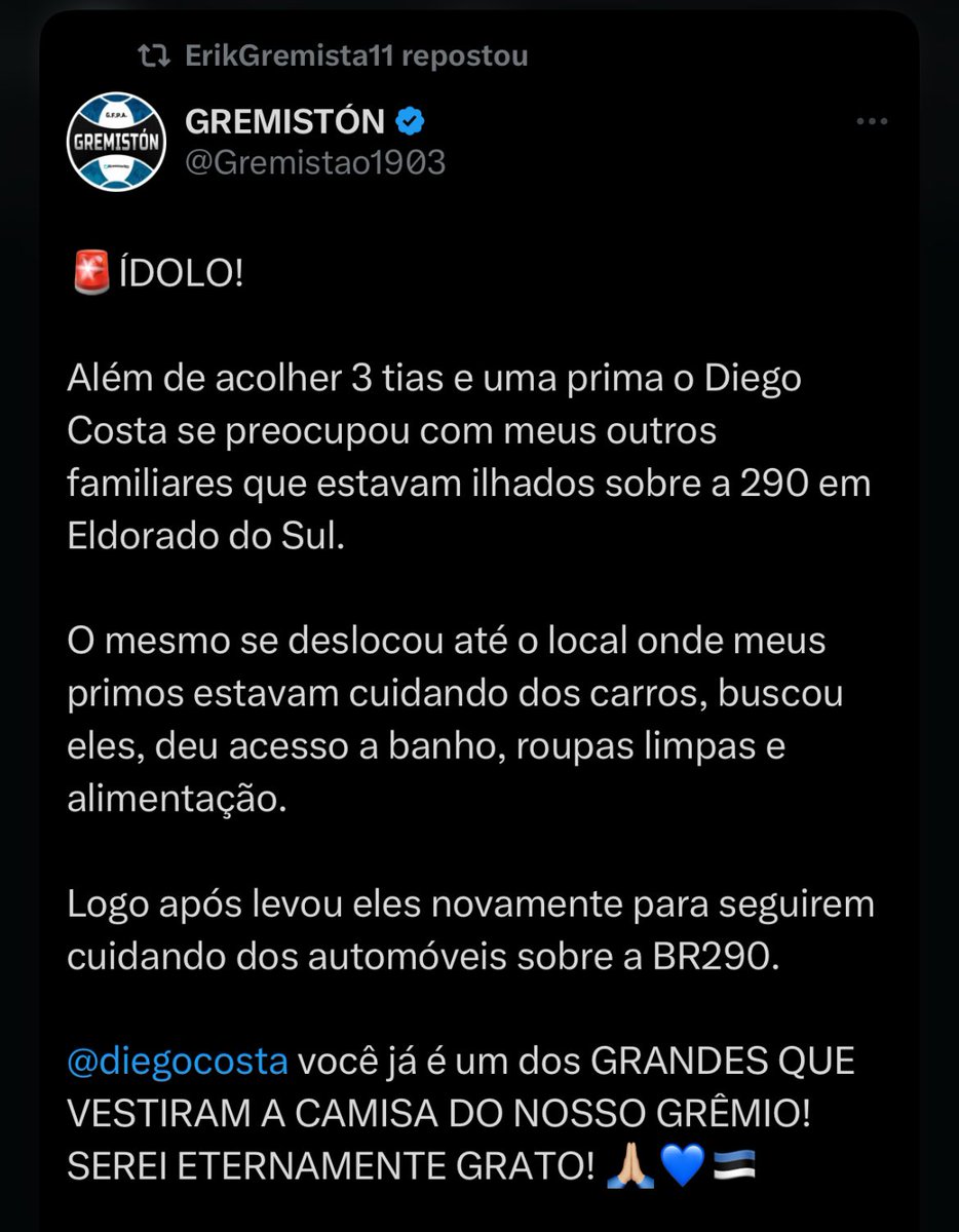 Quando o Grêmio anunciou a contratação do Diego Costa, ele foi pintado como um vilão problemático e é muito pelo contrário. O tamanho do coração dele é imensurável! Obrigado! 🩵🩵🩵