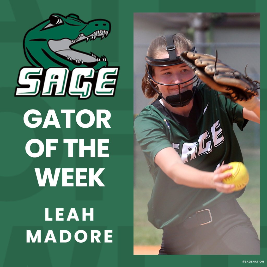 #SageNation softball pitcher Leah Madore is one of the Gators of the Week. Madore went 3-0 with a 0.37 ERA and 30 strikeouts across 19.0 innings of work. Opponents only managed 10 hits and one earned run as the righty tossed three complete game victories. #SageGators