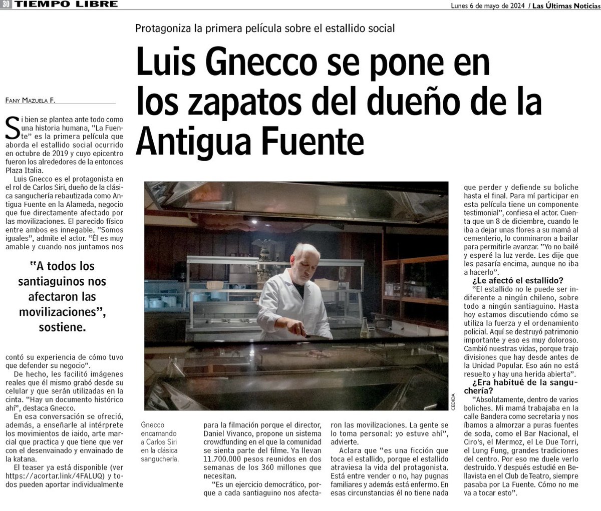 "Para mí participar en esta película tiene un componente testimonial", afirma #LuisGnecco en <a href="/lun/">Las Últimas Noticias</a>, sobre su rol en "La Fuente" interpretando al personaje inspirado en <a href="/carlo_siri/">carlo siri</a> y que está levantando financiamiento vía crowdfunding. Acá puedes aportar 👉 peliculalafuente.cl