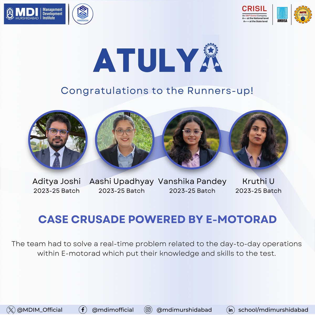 #MDIM proudly announces that Aditya Joshi, Aashi Upadhyay, Vanshika Pandey & Kruthi U of the 2023-25 batch have secured the #Runnersup position in #CaseCrusade, a #Competition conducted by the Markrone, the #Marketing club of MDIM in collaboration with E-motorad.
 #MDI #MBA