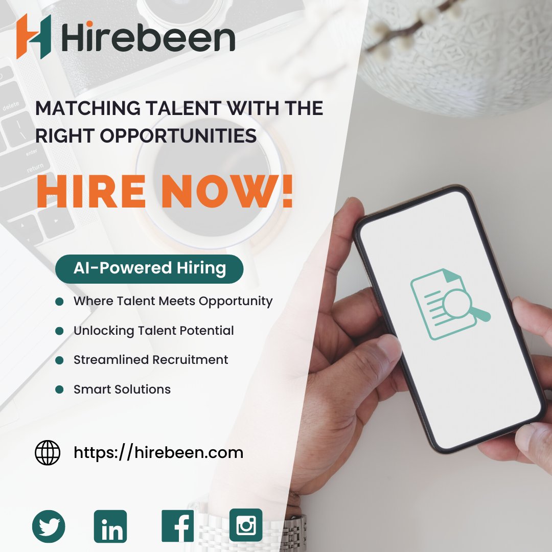 Building Tomorrow's Teams, Today: Your AI-Powered Hiring Solution...
 hirebeen.com.
#Hiring #embedded #manager #humanresource #hirebeen #portal #registertoday #FindYourFuture #UnlockYourPotential #DreamJobs #TalentOpportunity #CareerEmpowerment #MatchMadeInHiring